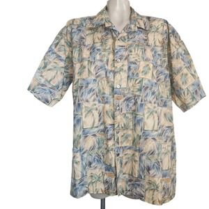 Tori Richard Mens L Blue Palm‎ Leaf Cotton Lawn Hawaiian Button Down Shirt beach